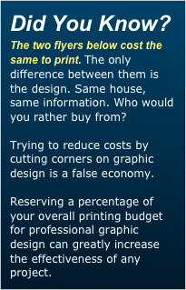Did You Know?
The two flyers below cost the same to print. The only difference between them is the design. Same house, same information. Who would you rather buy from?
Trying to reduce costs by cutting corners on graphic design is a false economy.
Reserving a percentage of your overall printing budget for professional graphic design can greatly increase the effectiveness of any project.